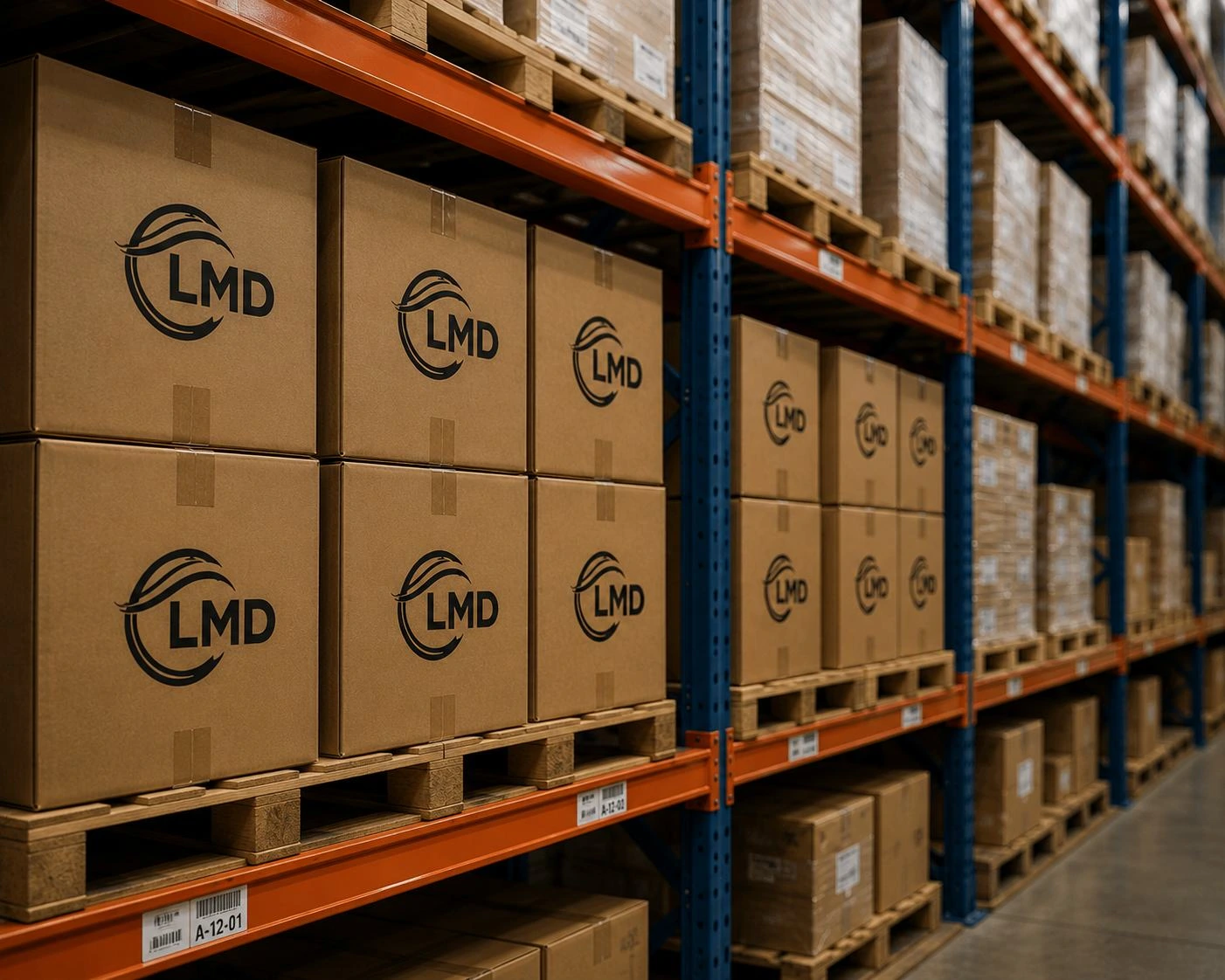 LMD cartons stocked on warehouse shelves